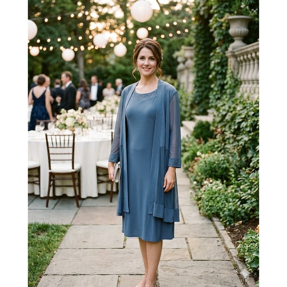 R&M Richards 2X Slate Blue 2pc Dress Jacket Set Glitter Formal Wedding Plus Size